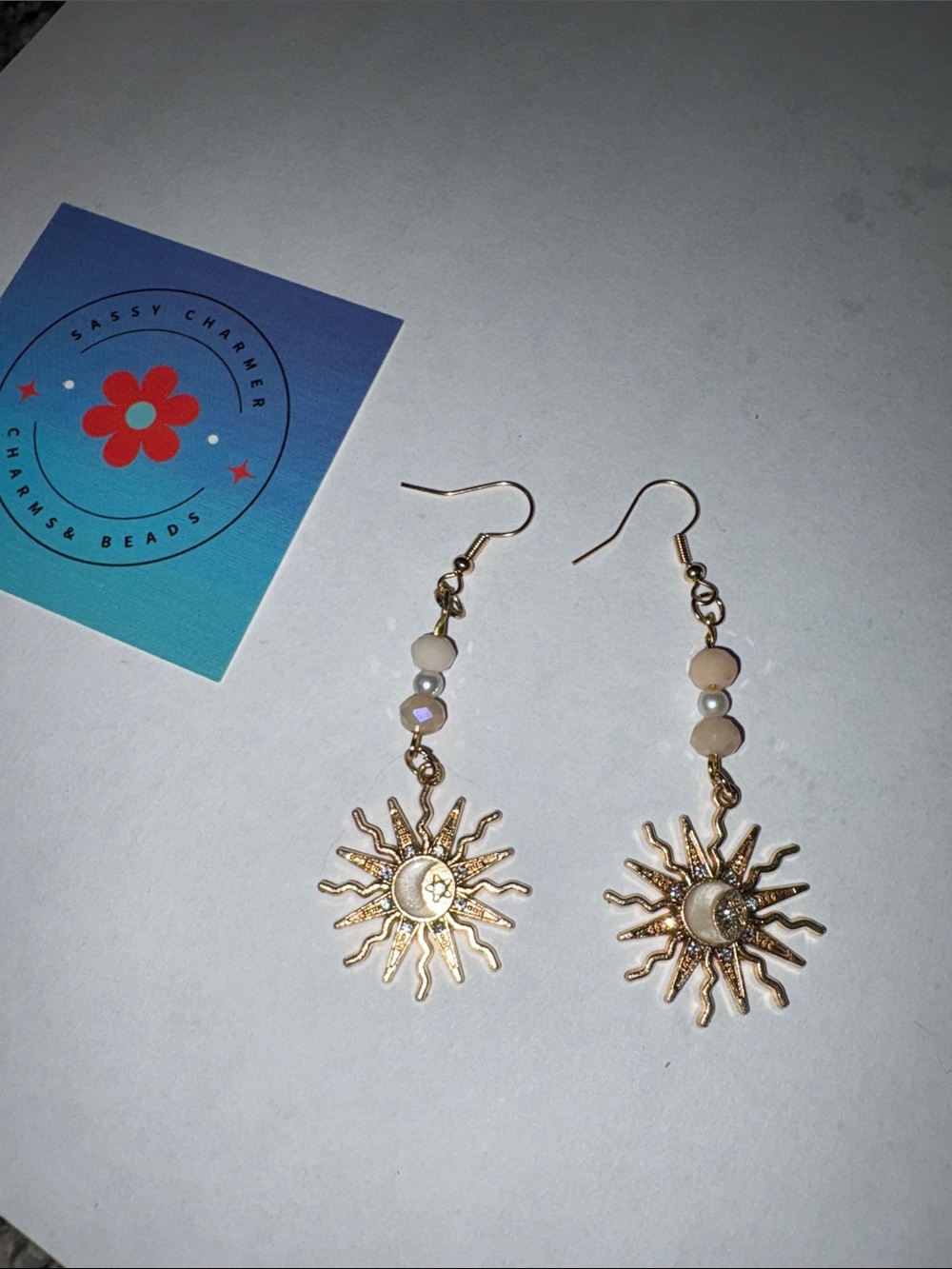 Gold Sun & Moon Dangle Earrings with neutral sparkle Beads by Sassy Charmer